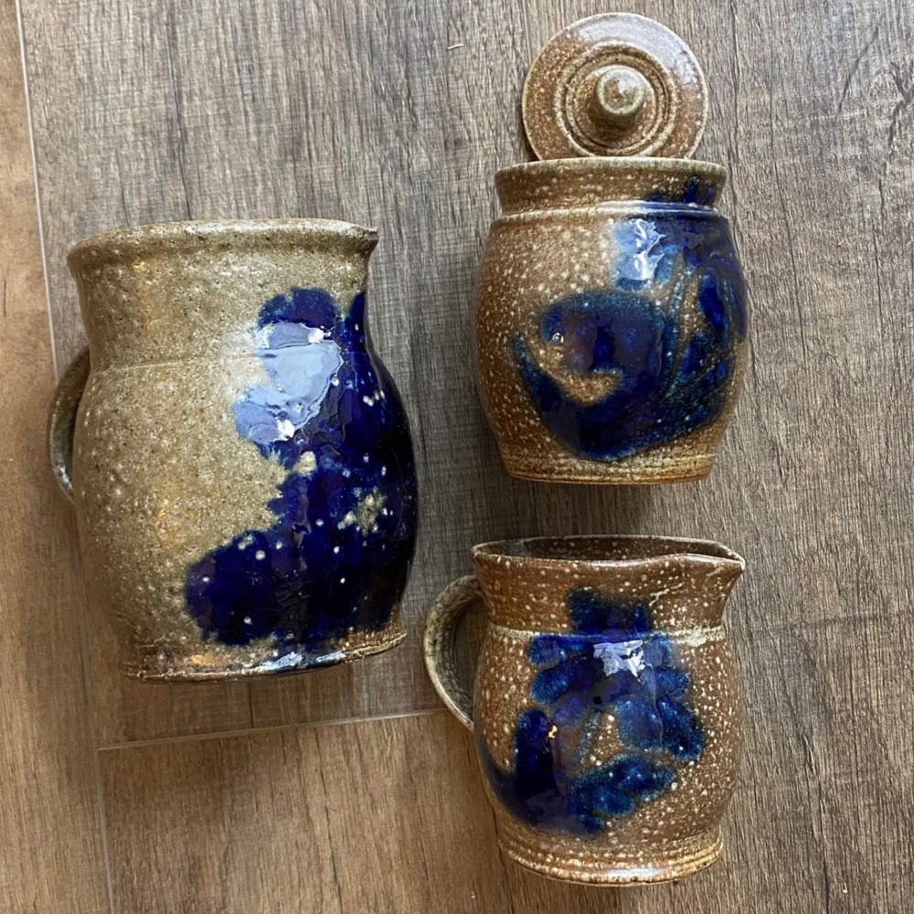 Perry Historians PA Salt Glaze Pottery Set Pitcher Creamer Jar SET of 2, Stone